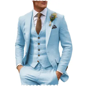 Trajes de hombre informales azul claro de verano, ajuste Regular, esmoquin de graduación de 3 piezas, chaqueta de lino, chaleco y pantalones para boda en la playa