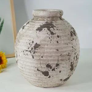 Kustom Pabrik desain retro pedesaan antik dekorasi rumah pot tanah liat bulat vas tanaman pot besar vas bunga tembikar untuk ruang tamu