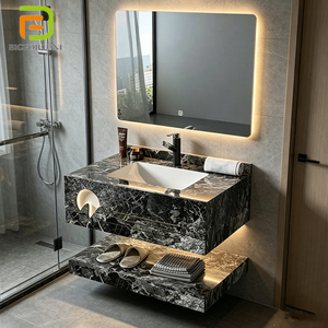 Meuble-lavabo mural de luxe avec vasque intégrée en pierre frittée, lavabo en marbre et miroir - Product Image 1