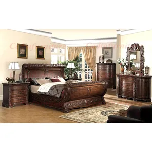 antique solid wood bedroom sleigh bed Luxury brown solid wood beds French Sleigh bed