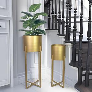 Lander Set of <strong>2</strong> Modern Luxury &amp; Mid-Century Style Gold Tall Floor Planters Metal <strong>Plant</strong> Pots with <strong>Stands</strong> for Home Decor