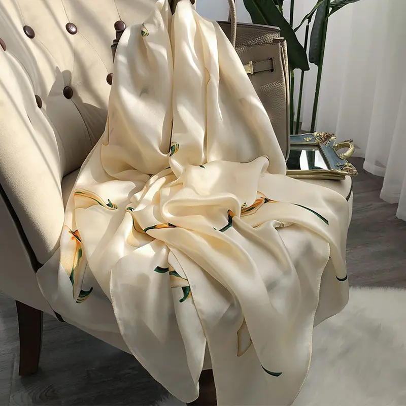 180*65 cm 100% Real Silk scarf women's calla lily long silk scarf anti-sob shawl Scarf Hijab for spring autumn winter