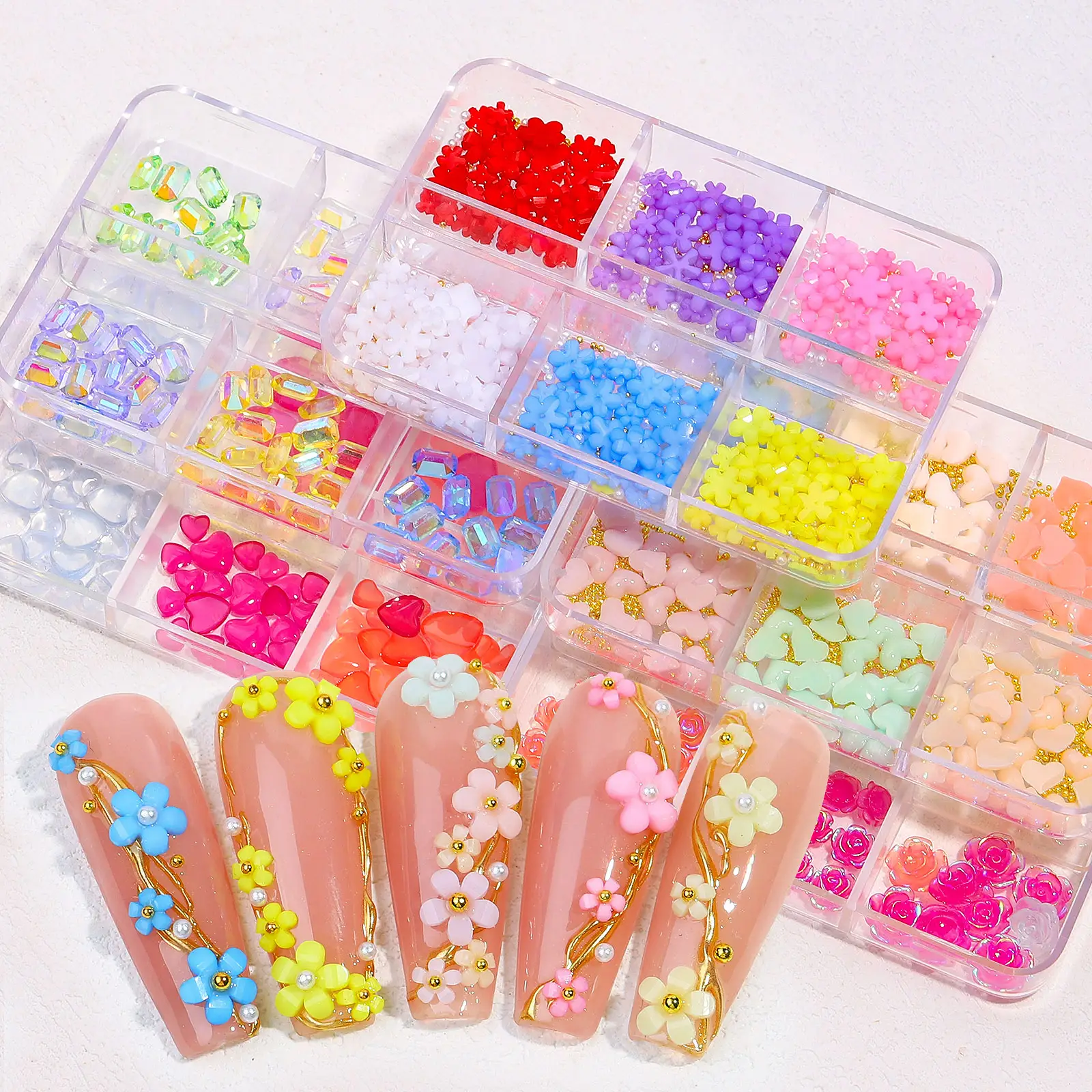 2022 New Magic Light Changing Small Flowers Resin Nail Art Decoration Box Mixed 3D Camellia Flower Bow Heart Nail jewelry