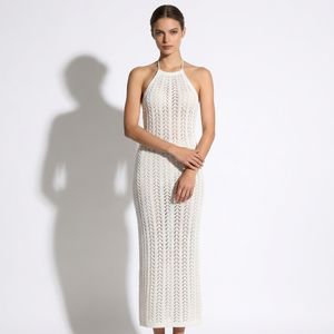 Nouvelle Robe Longue Blanche Femme Personnalisée en Maille Ajourée Halter Sans Manches, Cache-Maillot de Plage Évidé pour Vacances d'Été - Product Image 1