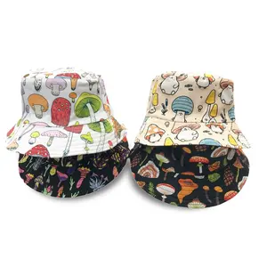 Topi semua ember pola jamur warna-warni baru topi nelayan lipat kartun luar ruangan Pria Wanita grosir