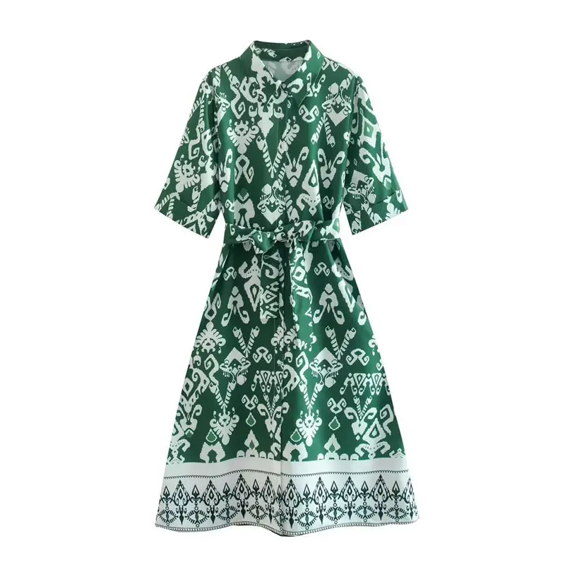 QZ1628 New 2022 Summer Chic Green Color Digital Floral Print Short Sleeve Slim Waist Dress Women Vestidos Clothing 8