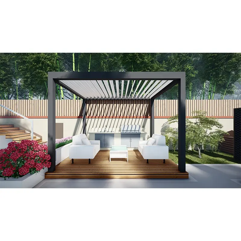 정원 Bioclimatic 개방 지붕 루브르 알루미늄 루버 지붕 전동 퍼 골라 슬라이딩 유리 도어 홈 스파