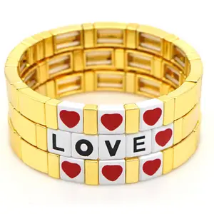 wholesale Bohemian Stackable gold enamel stretch bracelets stack tile love charm tile bead bangle Jewelry women supplier