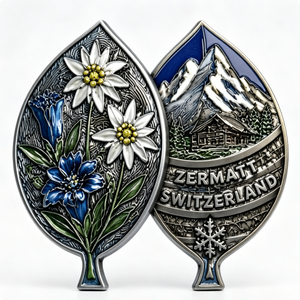 Pin Metálico de Recuerdo de Zermatt, Suiza, Diseño de Montaña con Flores en Relieve de Doble Cara, Plateado, Aleación de Zinc, Esmalte Duro - Product Image 3