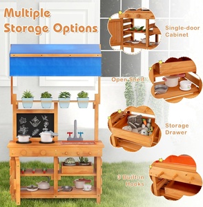 Table de jeu de cuisine rustique en bois coloré faite à la main pour enfants de 5 à 7 ans avec auvent réglable, banc de jardinage et table à boue Yuyi - Product Image 6