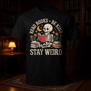 Camiseta con estampado de esqueleto leyendo un libro: Lee libros, sé amable, sé peculiar - Product Image 3