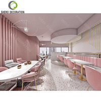 Ensemble de mobilier de restaurant commercial moderne rose, comptoir de service en marbre, table et chaise en bois durable pour les cafés