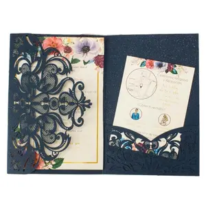Tarjetas de invitación de boda con tres pliegues, papel de perlas de 5x7, corte láser, tarjeta de felicitación, sobre de bolsillo, suministros de fiesta de ducha nupcial, nuevo estilo