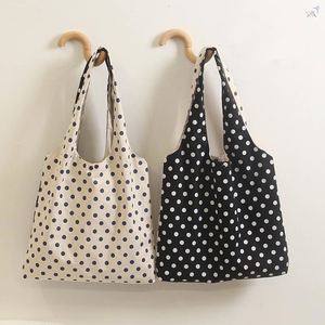 Gran oferta, bolso de lona con lunares, bolso de compras plegable reutilizable para mujer, bolso de lona con lunares, logotipo impreso personalizado - Product Image 1