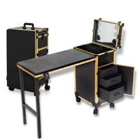 Table de manucure portable pliable à roulettes avec miroir LED, 4 tiroirs, robuste, station de travail mobile pour salon de beauté