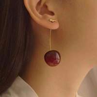 Nouvelle Arrivée Boucles d'Oreilles Coréennes Tendance en Alliage, Pendantes et Massives, pour Femme, Motif Fraise Cerise Rouge, Plaqué Or