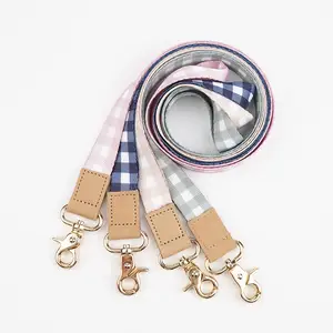 New Design Colorful Polyester Leather Label Checkered Lanyard With Logo Custom