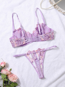 Conjunto de Lencería Bordado con Flores Moradas, Malla Transparente, Brasier Sexy y Tanga, Conjunto de 2 Piezas, Ropa Interior Femenina, Ropa de Dormir - Product Image 6