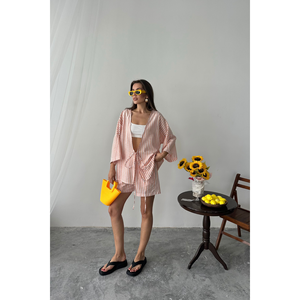 Conjunto de túnica y pantalones cortos a rayas naranjas, conjunto informal de verano para mujer, talla S, ajuste holgado - Product Image 3