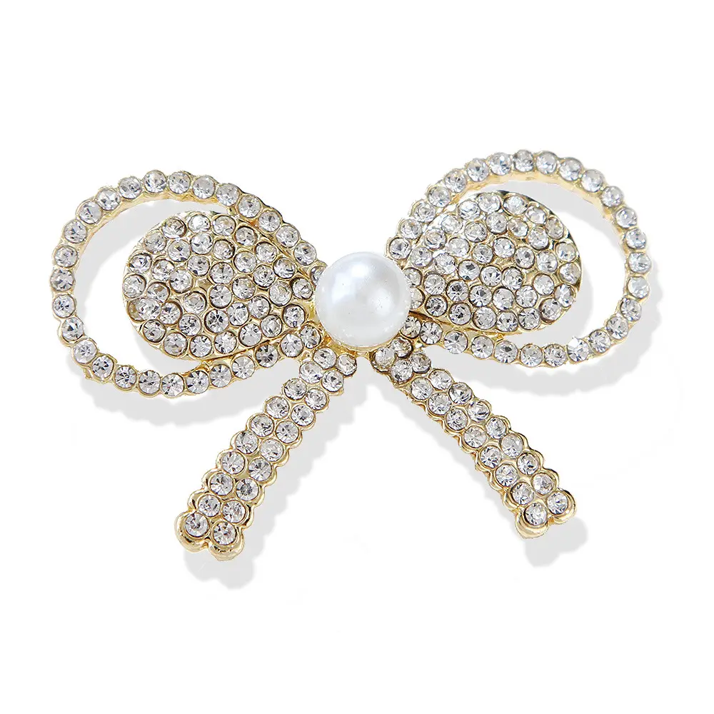 Broche de pérola de diamante incrustado com laço brilhante elegante da moda coreana acessórios de roupas femininas