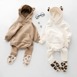 Winter baby plush ears baby newborn clothes hooded jumpsuit climbing clothes plus velvet padded