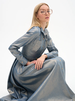 Hot Sale Damen PU Leder Maxi kleid High Neck Button Front Gürtel Elegant Party Long Dress