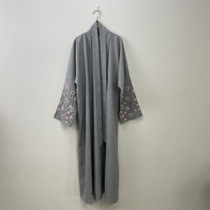 Latest Popular Linen Material Muslim Ladies Flower Embroidery With Pockets Open Abaya 3 Colors 1407# - Product Image 5