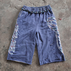YYSY Pantaloncini da Uomo in Cotone Pesante Personalizzati OEM, Gamba Larga Dritta, Stile Jogger, Lavaggio Acido, Vestibilità Ampia, con Strass - Product Image 2