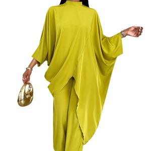 New Summer Solid Color Standing Collar Long Sleeve Pleated Long Asymmetric Shirt Pants Women's Casual 2 Piece <b>Set</b> - Product Image 5