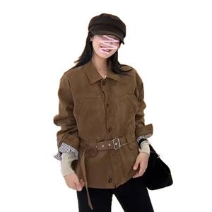سترة YSHUO نايوي الخريفية ذات الملمس القديم من الجلد المخملي، بأزرار مفردة وحزام خصر محدد - Product Image 5