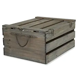 Rustic Wooden Crate Storage Box With Lid Wooden Carry Crate With Rope Handles