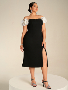 Robe de soirée élégante pour femmes grandes tailles, épaules dénudées, manches courtes en forme de pétales, dos nu, taille cintrée, robe moulante <span class=keywords><strong>mi</strong></span>-longue avec fente latérale - Product Image 2