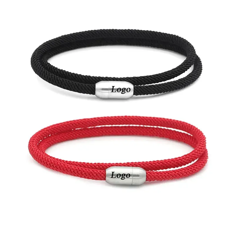 Bracelet en corde noire et rouge à la mode, Logo laser, fermoir magnétique en acier inoxydable, Double couche, Bracelet en fil Milan pour Couples