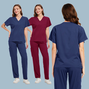 Unisex Scrub Set V-Neck Short Sleeve Moisture Wicking Knitted Hospital Uniforms Split Set For Medical Staff - Product Image 1