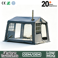 Tente de camping gonflable 2,7x2,7x2m en Oxford PVC 200D vert olive, tente à colonnes d'air gonflables avec cheminée pour poêle à bois