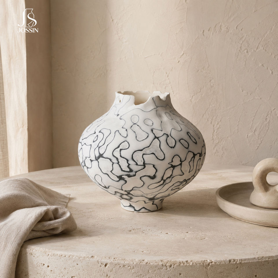 Jossin White Ceramic Flower Vase with Abstract Ink Wash Pattern and ...