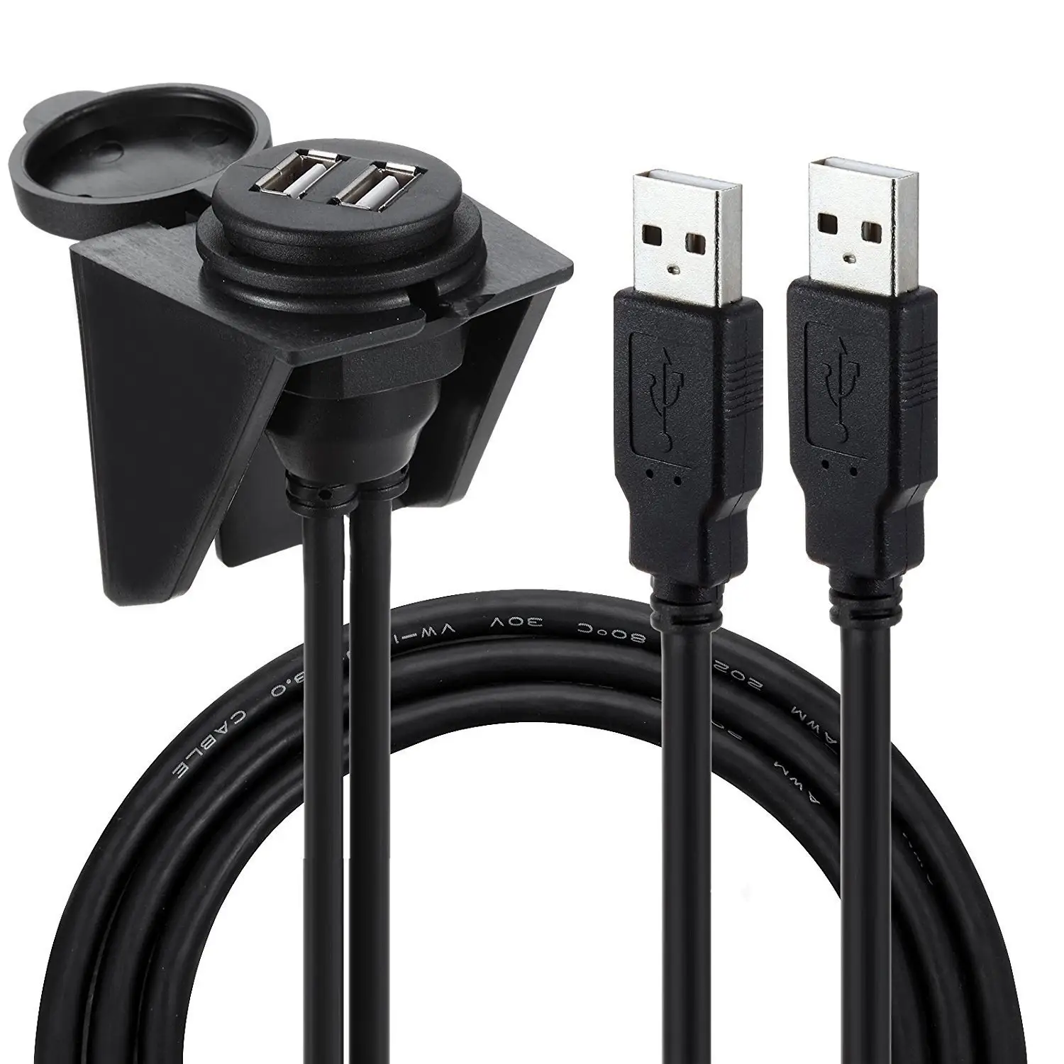 waterproof dust-proof dual usb 2.0 A male to A female round panel mount extension cable with bracket and cap