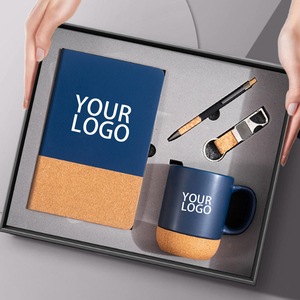 Custom logo A5 Notebook Pen Keychain Cork Base Ceramic Coffee Cup Mug With Cork Bottom Festival Promotional Business Gift Set