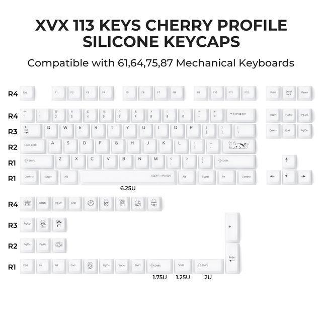 XVX Keycaps Cat White Translucent Silicone Cute DIY Keycaps Cherry Profile Set 113-Key English Language Mechanical Keyboard