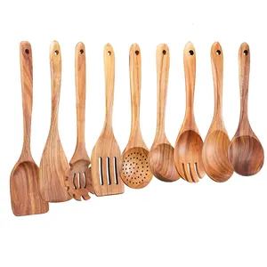 Houten Keukengerei Set, 9 Pce Natuurlijke Teak Houten Lepels Voor Niet-Stalhouten Lepels Voor Het Koken Van Salade Forkt