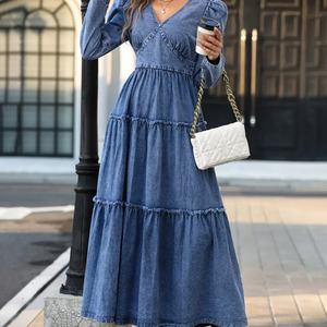 Custom Chic Long Sleeve V-neck Ruffle Hem Denim Maxi Dress <b>for</b> <b>Women</b> - Product Image 4