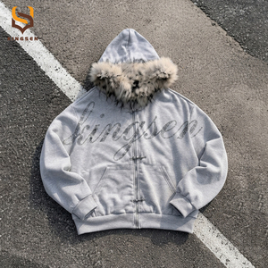 Custom Men Winter 100% Cotton Terry Breathable Vintage Screen Printed Embroidery Fur Colla Zip Distressed Hoodie <b>Sweatpants</b> <b>Set</b> - Product Image 2