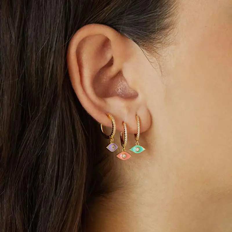 Latest neon colorful enamel adorable women girls ear jewelry gold plated 925 sterling silver turkish evil eye dangle earrings