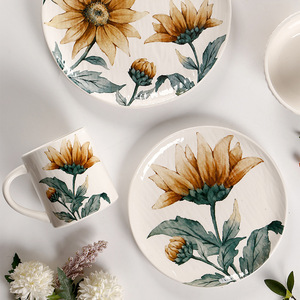 European and American French relief ceramic Western pastry plate, creative home flat plate bowl <b>cup</b> <b>set</b>, sunflower arrangement - Product Image 2