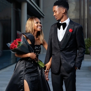 Vestido de cóctel Aso Ebi con apliques negros de sirena, vestidos de fiesta de cumpleaños sexis divididos sin tirantes, corsé, tren de barrido sin espalda personalizado - Product Image 3