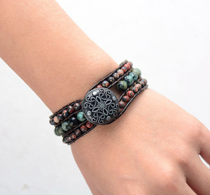 Envoltura de cuero Vintage bohemio hecho a mano para mujer, brazalete tejido con declaración geométrica de jaspe Natural para pulsera para aniversarios - Product Image 5