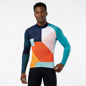 Long Sleeve <b>Cycling</b> <b>Jersey</b> With Geometric Pattern In Navy Teal Orange And <b>White</b> For Men And Women - Product Image 2