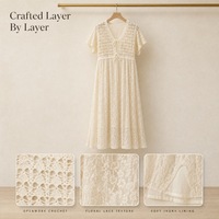 Robe midi en dentelle au crochet pour femme, personnalisée OEM ODM, à manches courtes volantées, col en V, taille empire, coupe trapèze, pour l'été, vente en gros