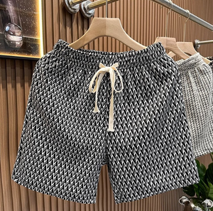 Shorts pour hommes à motif pied-de-poule, décontractés, coupe ample, taille élastique avec cordon de serrage, shorts d'été vintage en tricot texturé noir et <span class=keywords><strong>blanc</strong></span> - Product Image 1