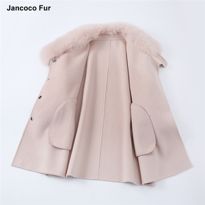 Nuovi arrivi cappotto in Cashmere <span class=keywords><strong>rosa</strong></span> cappotto invernale lungo in lana da donna con collo in pelliccia di volpe staccabile - Product Image 3